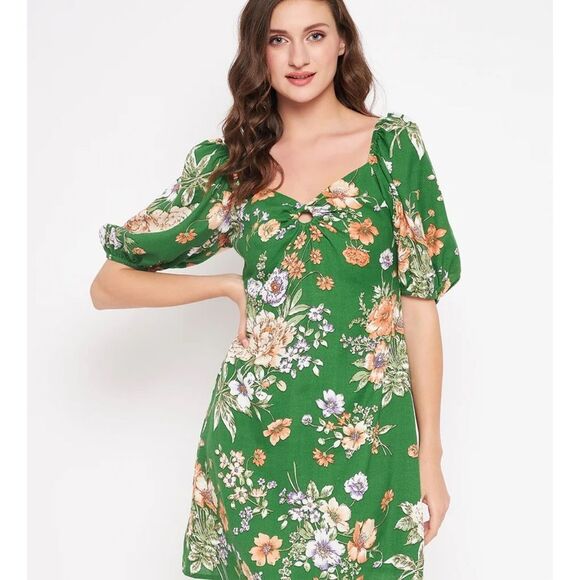 Floral Green Puff Sleeve Dress GREEN FLORAL RAYON LINEN MINI DR - Picture 5 of 5